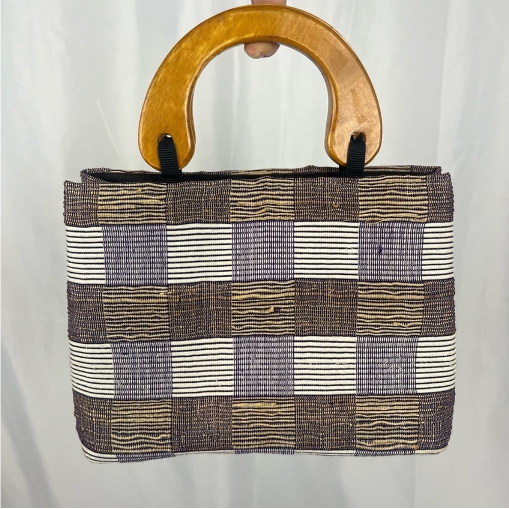 Vintage 60s Square Woven Tote Wooden Handles Bag